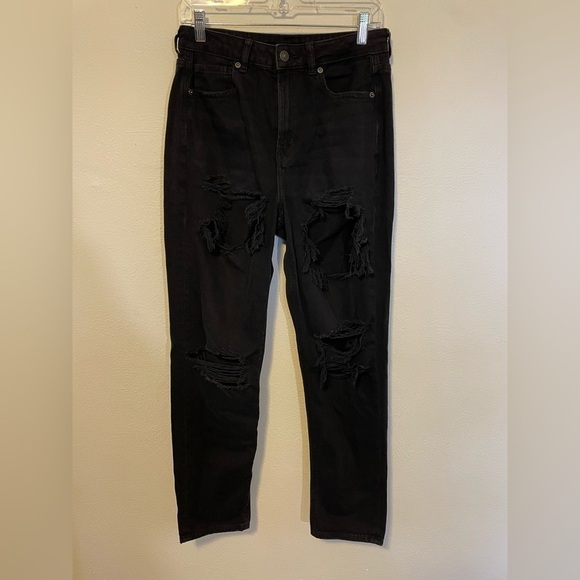 American Eagle Faded Black Distressed Ripped High Rise Mom Jeans - Picture 1 of 7